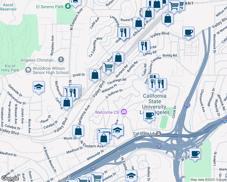 map of restaurants, bars, coffee shops, grocery stores, and more near 5054 Williams Place in Los Angeles