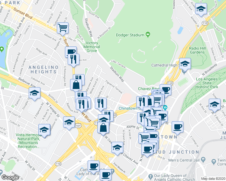 map of restaurants, bars, coffee shops, grocery stores, and more near 956 Centennial Street in Los Angeles
