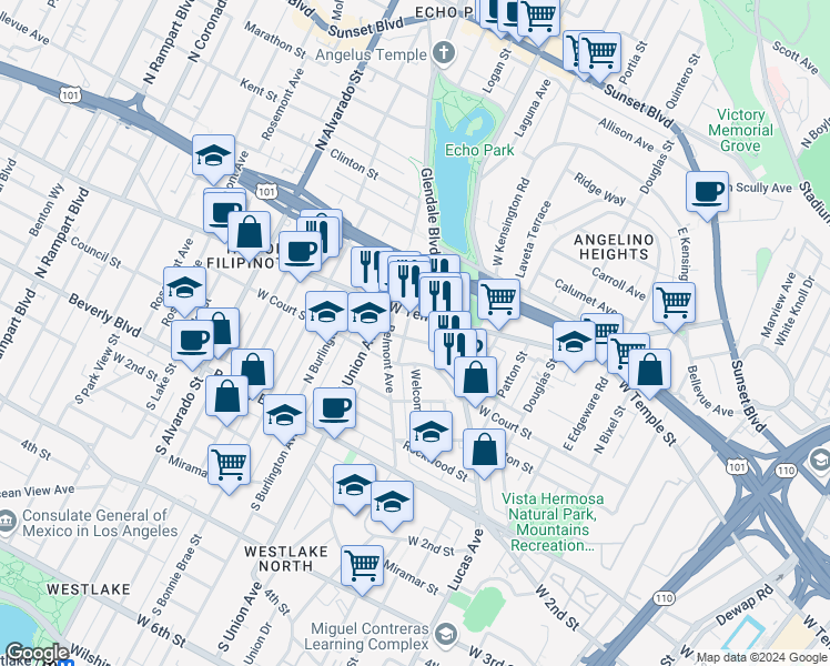 map of restaurants, bars, coffee shops, grocery stores, and more near 1608 West Temple Street in Los Angeles