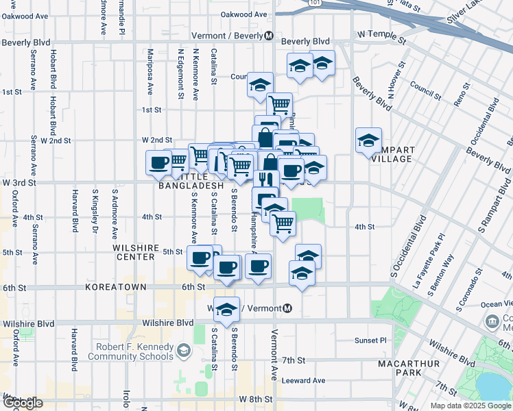 map of restaurants, bars, coffee shops, grocery stores, and more near 330 South New Hampshire Avenue in Los Angeles