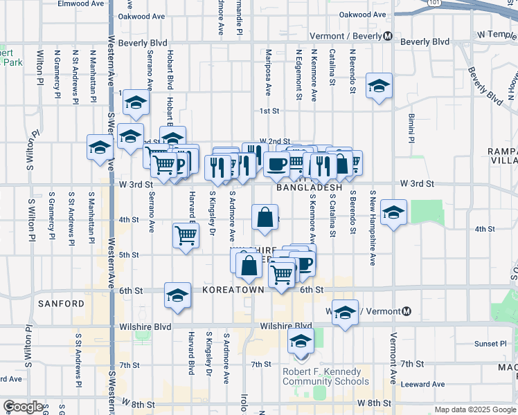 map of restaurants, bars, coffee shops, grocery stores, and more near 335 Normandie Avenue in Los Angeles