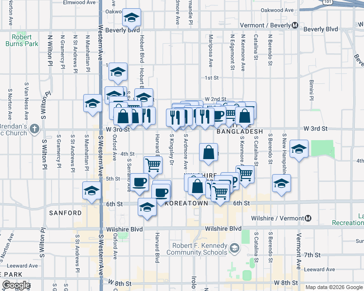 map of restaurants, bars, coffee shops, grocery stores, and more near 331 South Ardmore Avenue in Los Angeles
