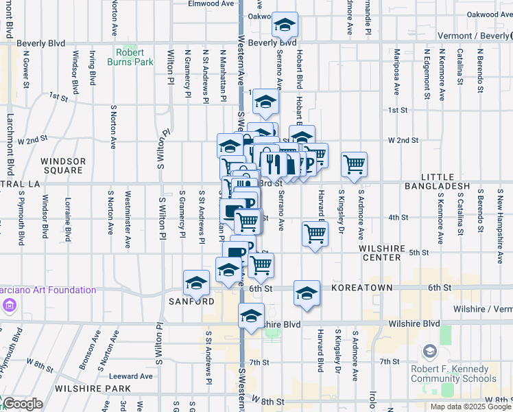 map of restaurants, bars, coffee shops, grocery stores, and more near 333 South Oxford Avenue in Los Angeles