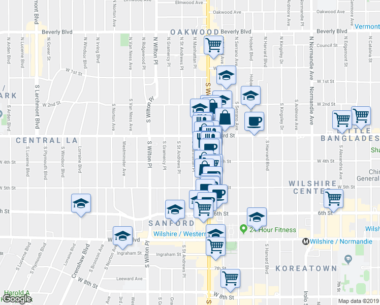 map of restaurants, bars, coffee shops, grocery stores, and more near 333 South Manhattan Place in Los Angeles