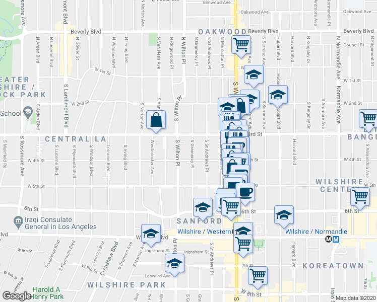 map of restaurants, bars, coffee shops, grocery stores, and more near 326 South Gramercy Place in Los Angeles