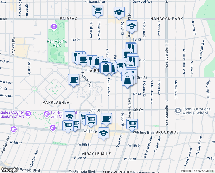 map of restaurants, bars, coffee shops, grocery stores, and more near 336 South Cochran Avenue in Los Angeles