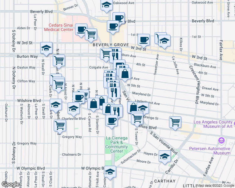 map of restaurants, bars, coffee shops, grocery stores, and more near 147 North Hamilton Drive in Beverly Hills