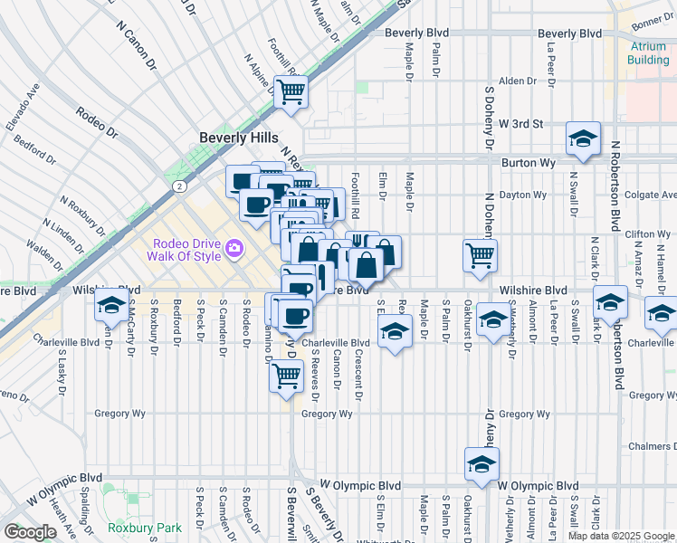 map of restaurants, bars, coffee shops, grocery stores, and more near 147 North Crescent Drive in Beverly Hills