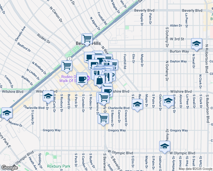 map of restaurants, bars, coffee shops, grocery stores, and more near 240 North Beverly Drive in Beverly Hills