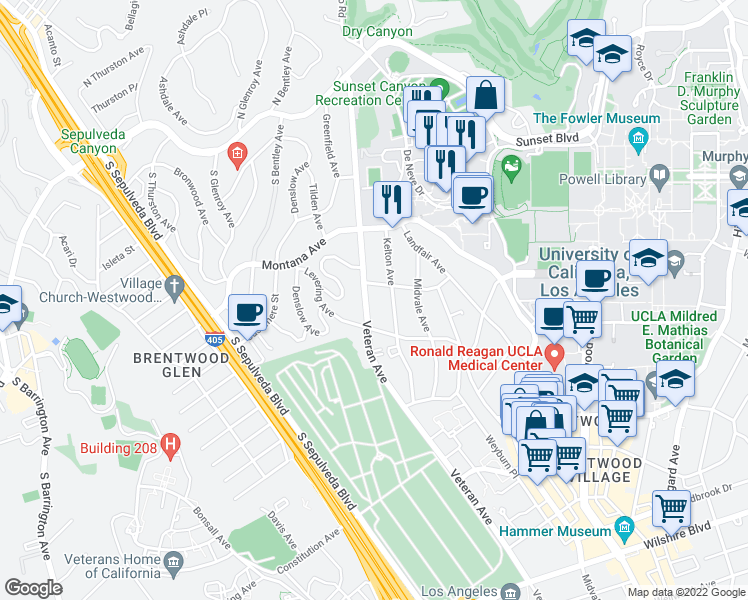 map of restaurants, bars, coffee shops, grocery stores, and more near 513 Veteran Avenue in Los Angeles