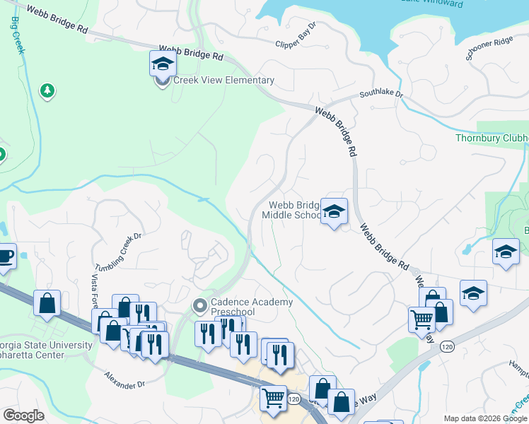 map of restaurants, bars, coffee shops, grocery stores, and more near 4135 Bellflower Drive in Alpharetta