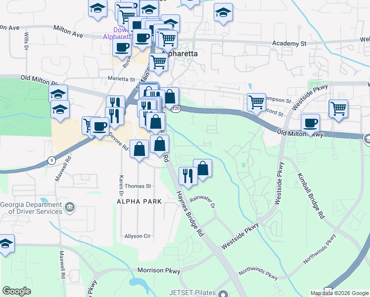 map of restaurants, bars, coffee shops, grocery stores, and more near 300 Nottaway Lane in Alpharetta