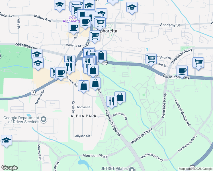 map of restaurants, bars, coffee shops, grocery stores, and more near 300 Nottaway Lane in Alpharetta
