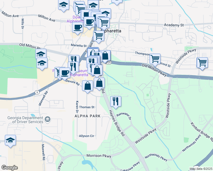 map of restaurants, bars, coffee shops, grocery stores, and more near 211 Nottaway Lane in Alpharetta