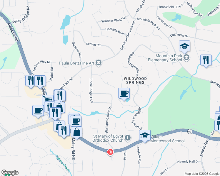 map of restaurants, bars, coffee shops, grocery stores, and more near 2065 Trotters Ridge Way in Roswell