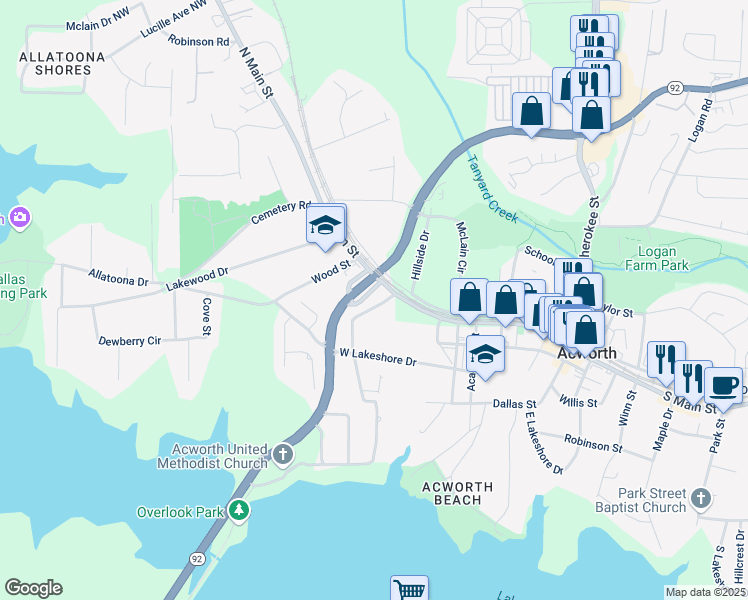 map of restaurants, bars, coffee shops, grocery stores, and more near 4671 Collins Avenue in Acworth