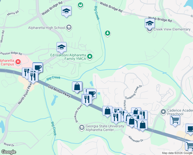 map of restaurants, bars, coffee shops, grocery stores, and more near 1185 Whitestone Ridge in Alpharetta