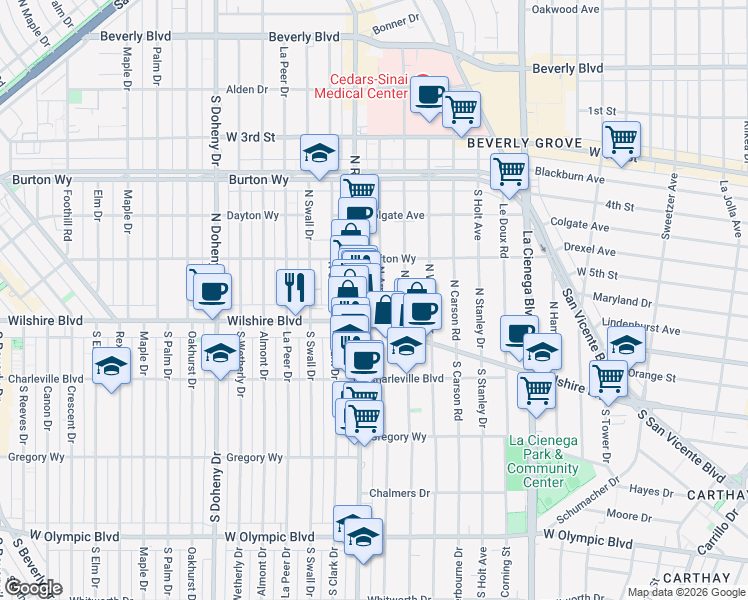 map of restaurants, bars, coffee shops, grocery stores, and more near 143 North Arnaz Drive in Beverly Hills