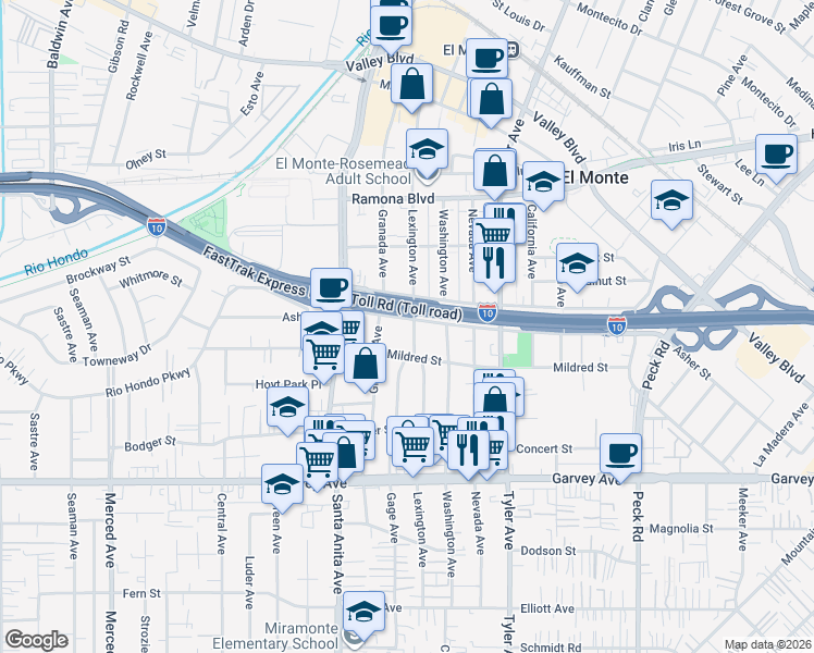 map of restaurants, bars, coffee shops, grocery stores, and more near 3233 Lexington Avenue in El Monte