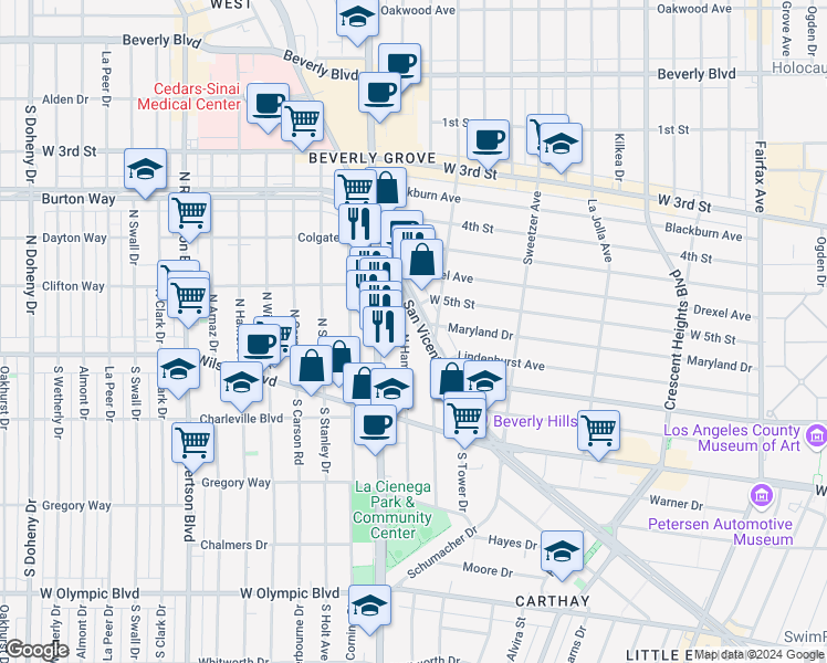 map of restaurants, bars, coffee shops, grocery stores, and more near 146 North Hamilton Drive in Beverly Hills