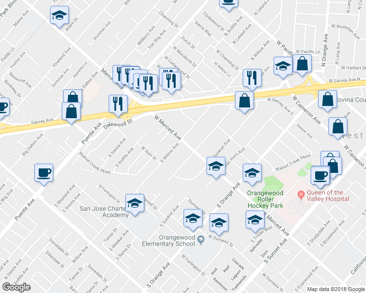 map of restaurants, bars, coffee shops, grocery stores, and more near 2122 West Merced Avenue in West Covina