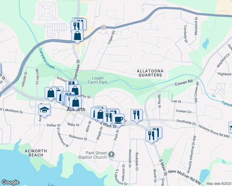 map of restaurants, bars, coffee shops, grocery stores, and more near 4343 Hill View Drive in Acworth