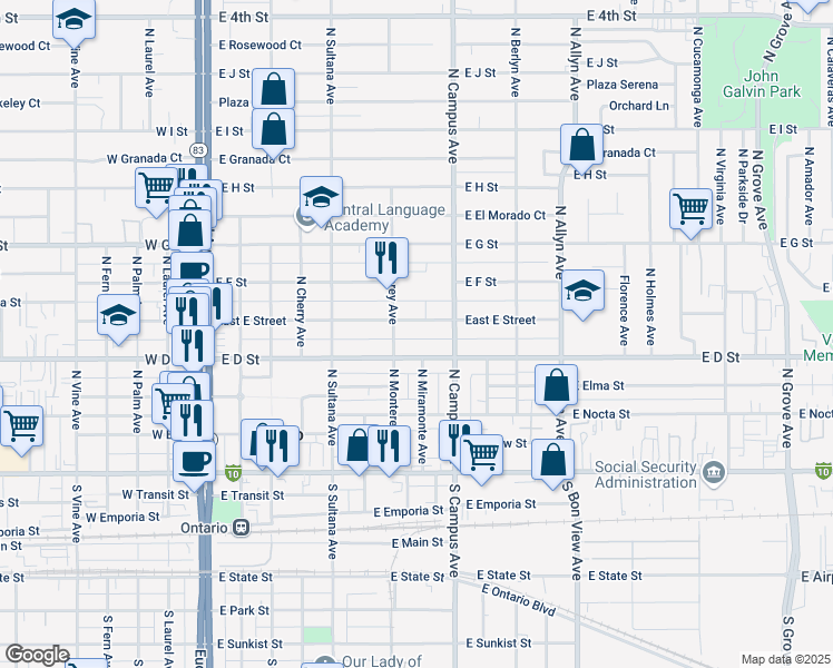map of restaurants, bars, coffee shops, grocery stores, and more near 432 North Monterey Avenue in Ontario
