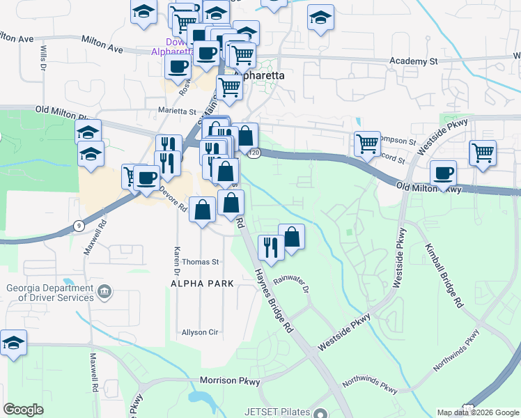 map of restaurants, bars, coffee shops, grocery stores, and more near 309 Nottaway Lane in Alpharetta