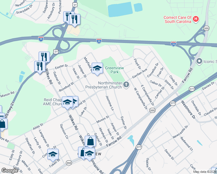 map of restaurants, bars, coffee shops, grocery stores, and more near 6500 David Street in Columbia