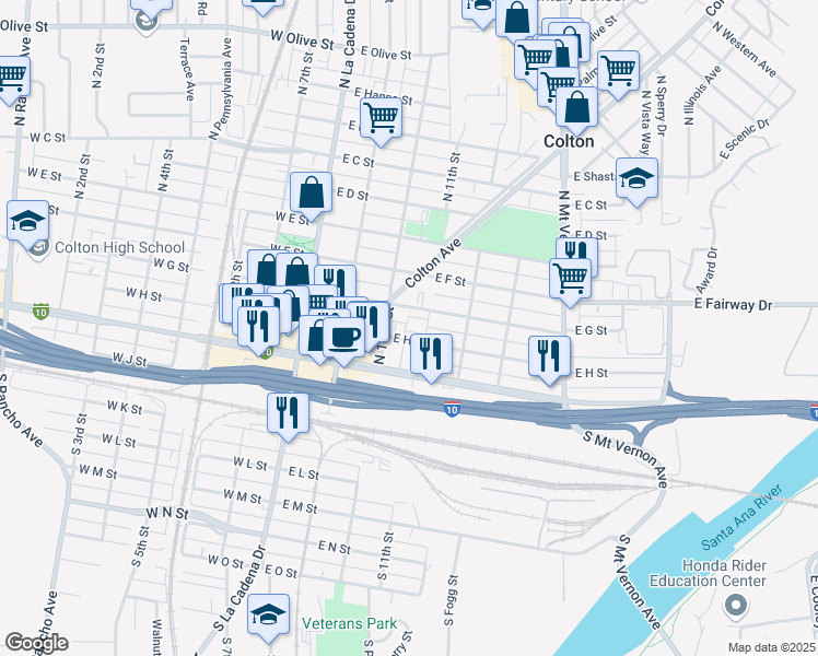map of restaurants, bars, coffee shops, grocery stores, and more near Villa Way in Colton