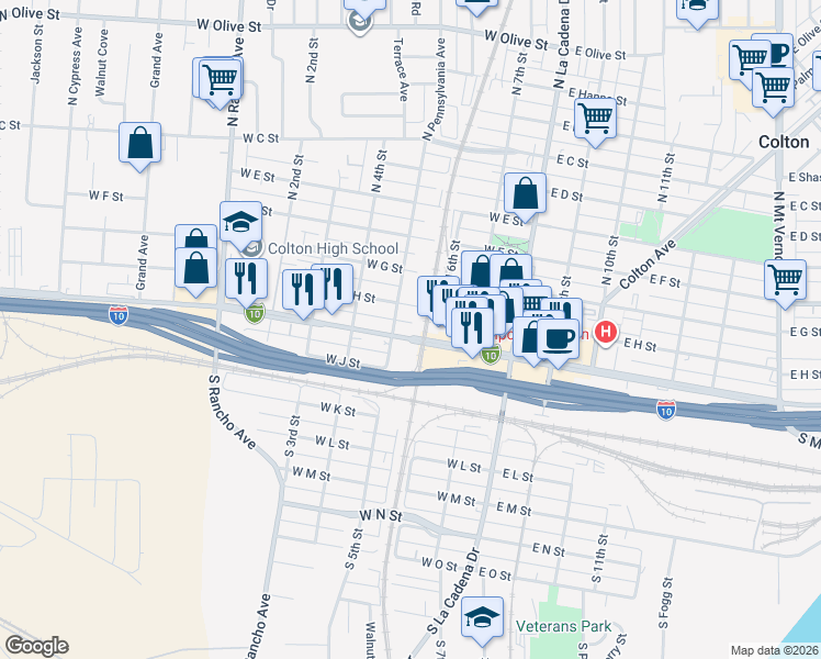 map of restaurants, bars, coffee shops, grocery stores, and more near 355 West Valley Boulevard in Colton