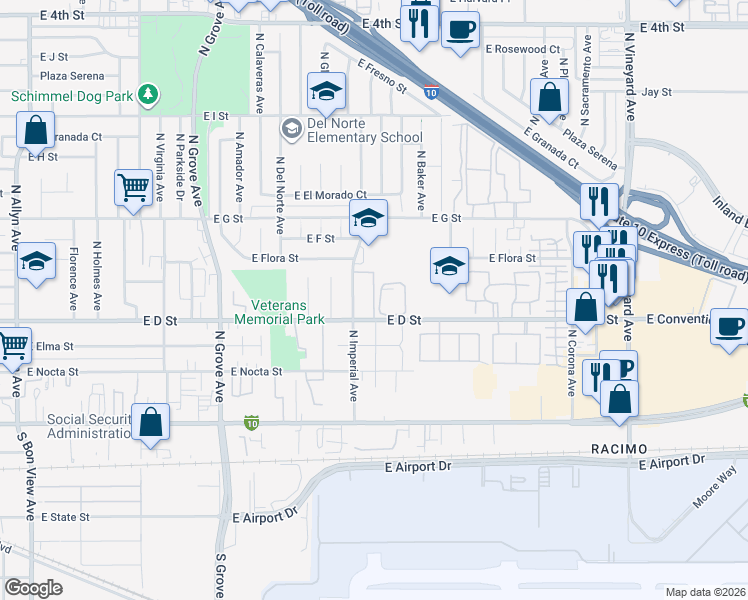 map of restaurants, bars, coffee shops, grocery stores, and more near 426 North Imperial Avenue in Ontario