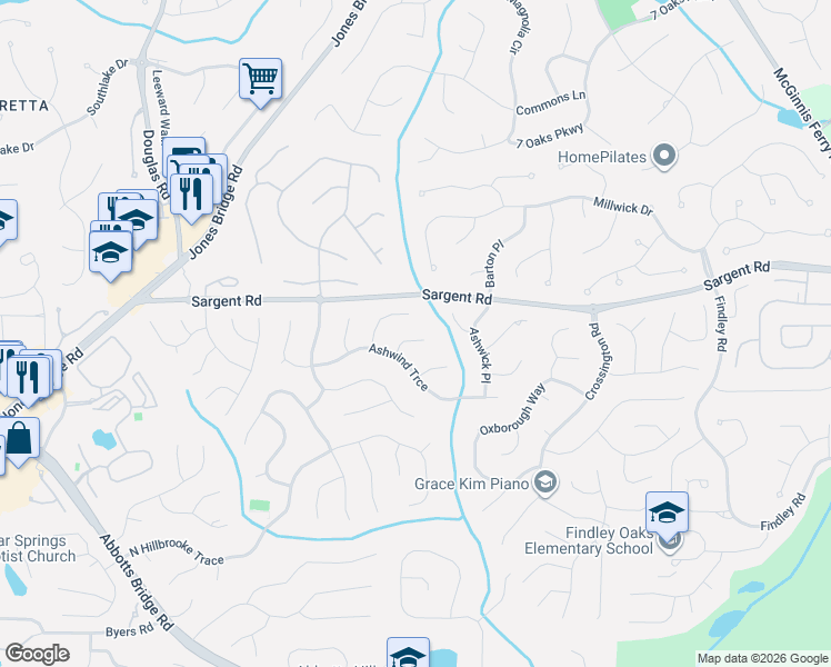 map of restaurants, bars, coffee shops, grocery stores, and more near 530 Ashleaf Place in Alpharetta