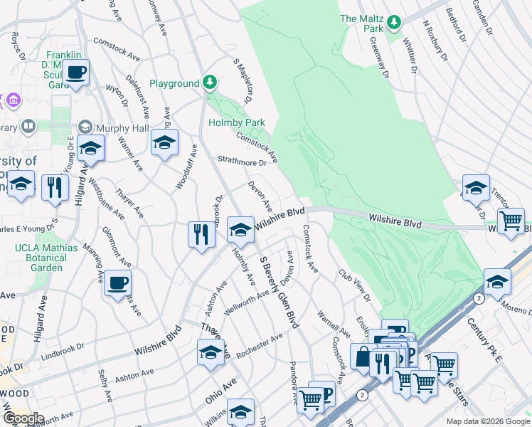 map of restaurants, bars, coffee shops, grocery stores, and more near 10351 Wilshire Boulevard in Los Angeles
