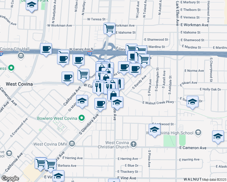 map of restaurants, bars, coffee shops, grocery stores, and more near 415 South Glendora Avenue in West Covina