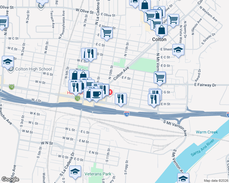 map of restaurants, bars, coffee shops, grocery stores, and more near 404 Garden Way in Colton