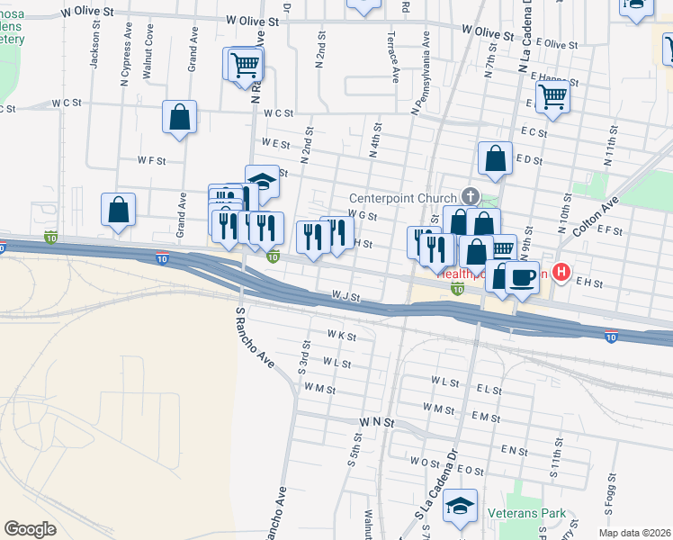 map of restaurants, bars, coffee shops, grocery stores, and more near 562 West Valley Boulevard in Colton