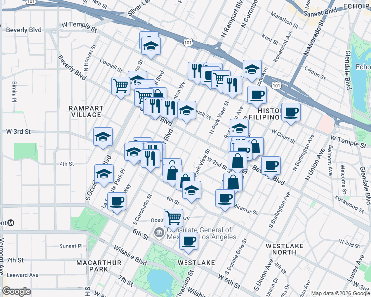 map of restaurants, bars, coffee shops, grocery stores, and more near 120 South Carondelet Street in Los Angeles