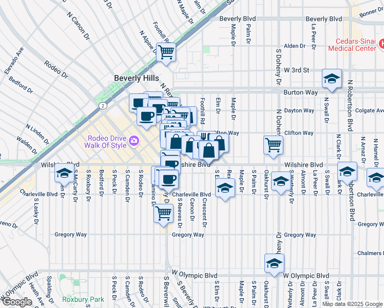map of restaurants, bars, coffee shops, grocery stores, and more near 155 North Crescent Drive in Beverly Hills