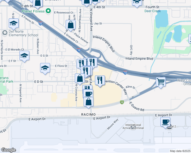 map of restaurants, bars, coffee shops, grocery stores, and more near 430 North Vineyard Avenue in Ontario