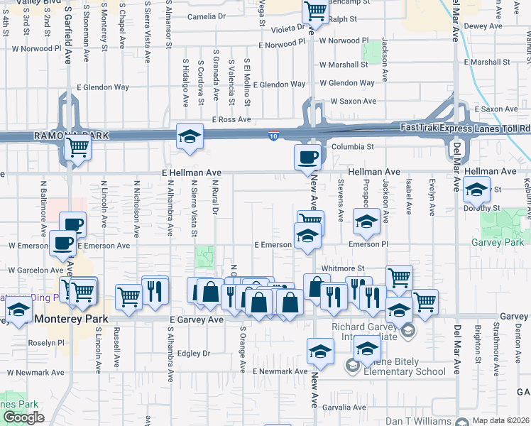 map of restaurants, bars, coffee shops, grocery stores, and more near 516 Gladys Avenue in Monterey Park