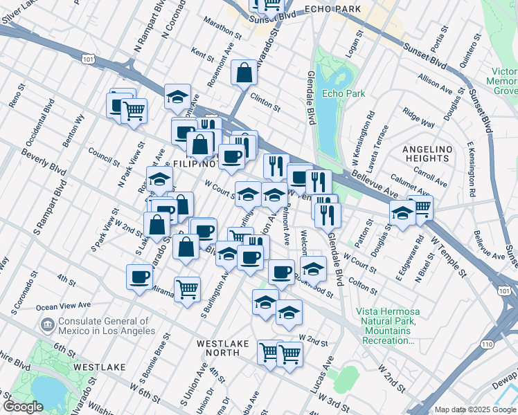 map of restaurants, bars, coffee shops, grocery stores, and more near in Los Angeles