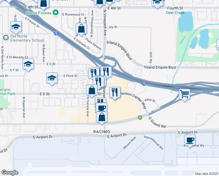 map of restaurants, bars, coffee shops, grocery stores, and more near 430 North Vineyard Avenue in Ontario