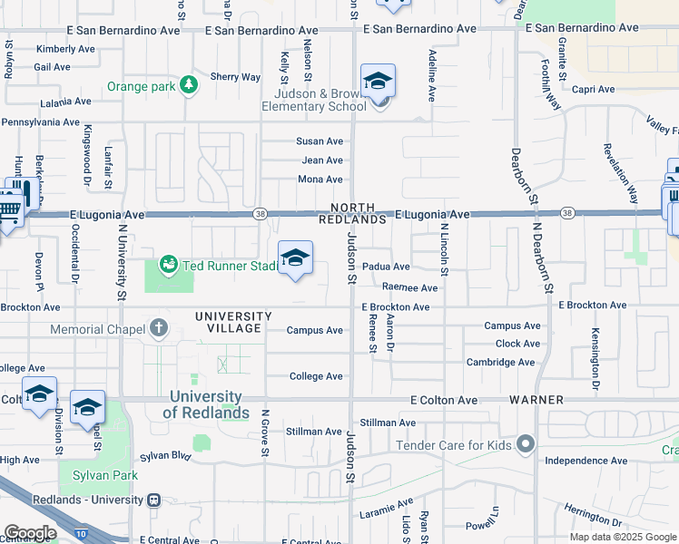 map of restaurants, bars, coffee shops, grocery stores, and more near 1169 Emily Street in Redlands