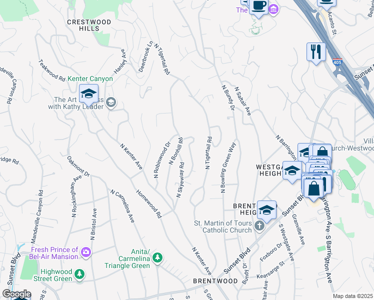 map of restaurants, bars, coffee shops, grocery stores, and more near 517 North Greencraig Road in Los Angeles