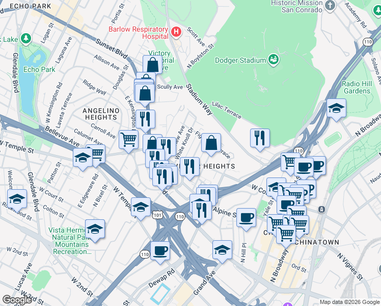 map of restaurants, bars, coffee shops, grocery stores, and more near 927 North Beaudry Avenue in Los Angeles