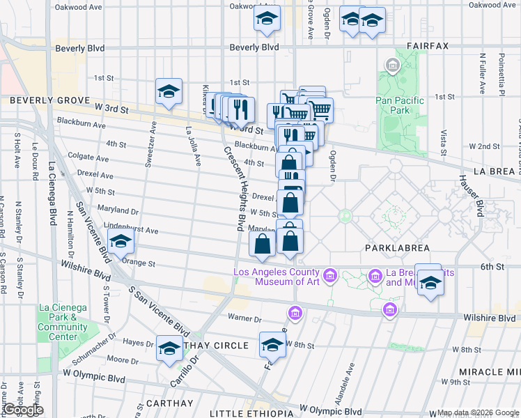 map of restaurants, bars, coffee shops, grocery stores, and more near 6217 West 5th Street in Los Angeles
