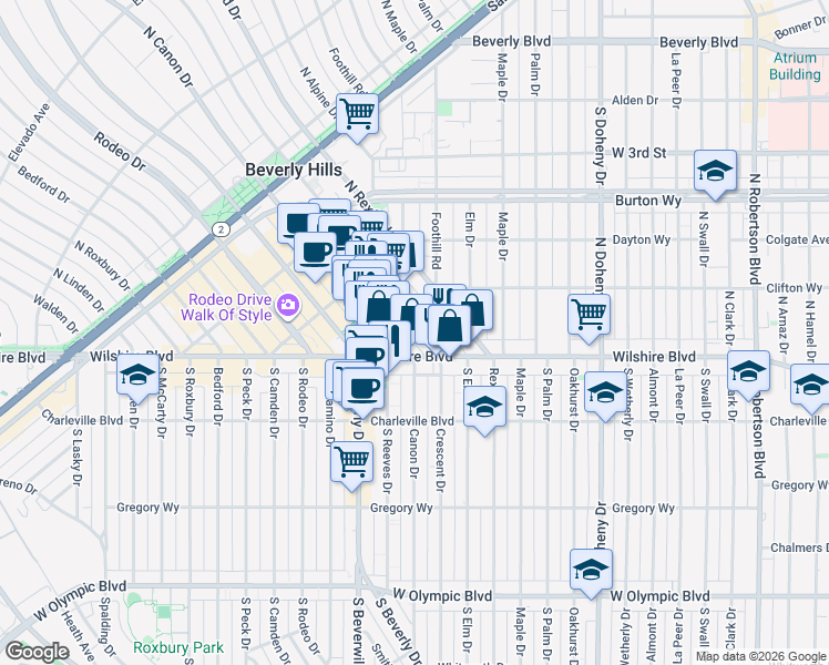 map of restaurants, bars, coffee shops, grocery stores, and more near 147 North Crescent Drive in Beverly Hills