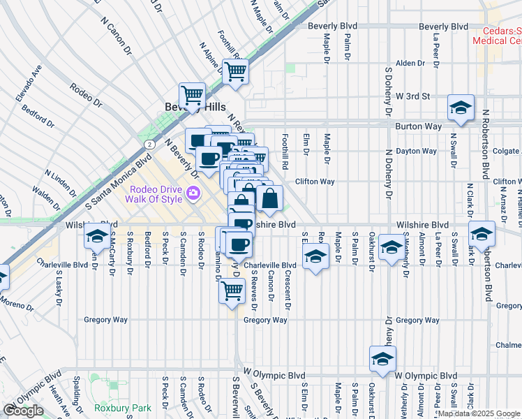map of restaurants, bars, coffee shops, grocery stores, and more near 2421 Clifton Way in Beverly Hills
