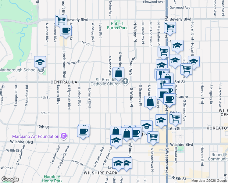 map of restaurants, bars, coffee shops, grocery stores, and more near 333 Westminster Avenue in Los Angeles